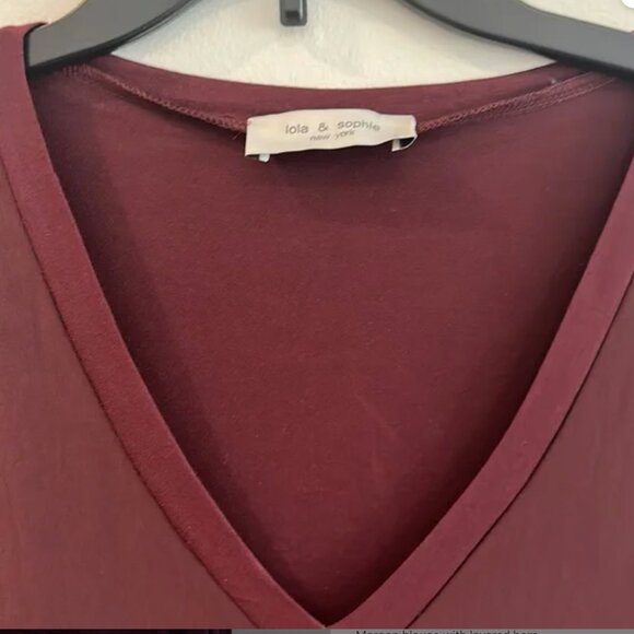 Lola & Sophie mixed media v neck Burgundy Pullover Blouse Size Large - Picture 2 of 6